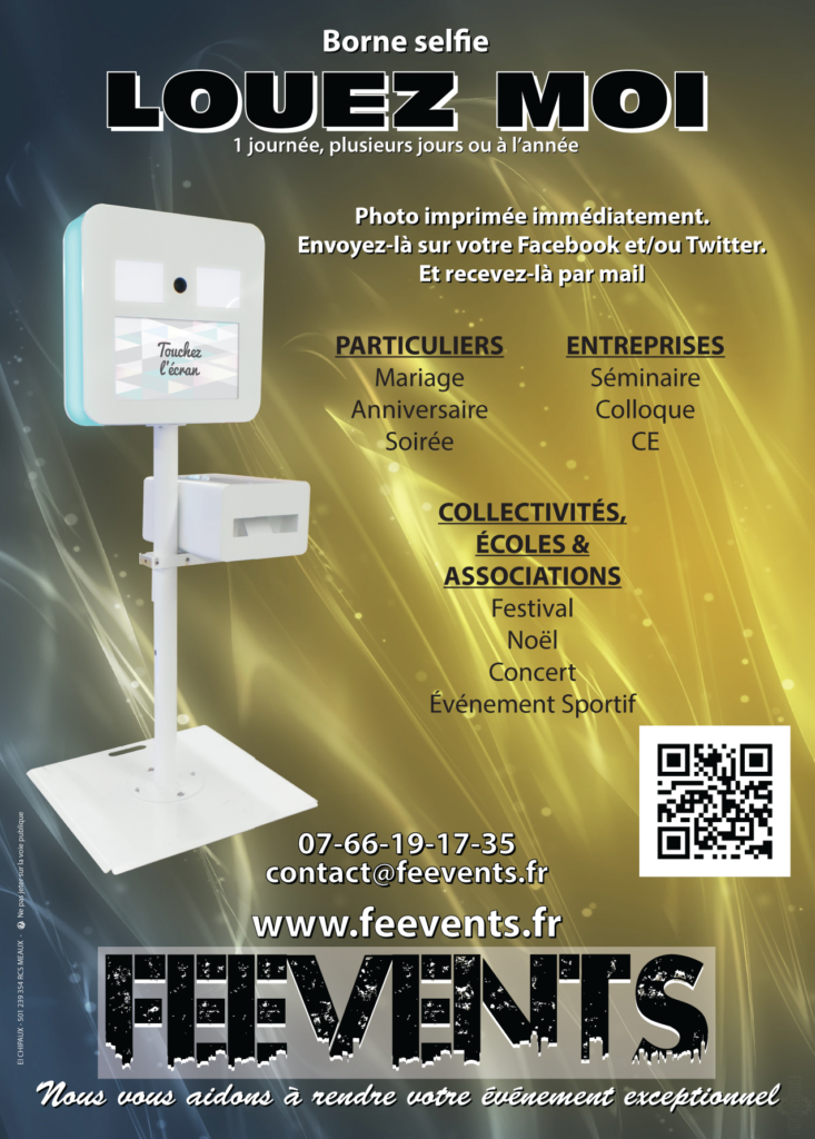 Flyer FEEVENTS - Location de photobooth ou borne selfie 77 (IDF et limitrophes)